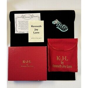 Vintage KJL Kenneth Jay Lane Turquoise Enamel Leopard Brooch SET Box Papers
